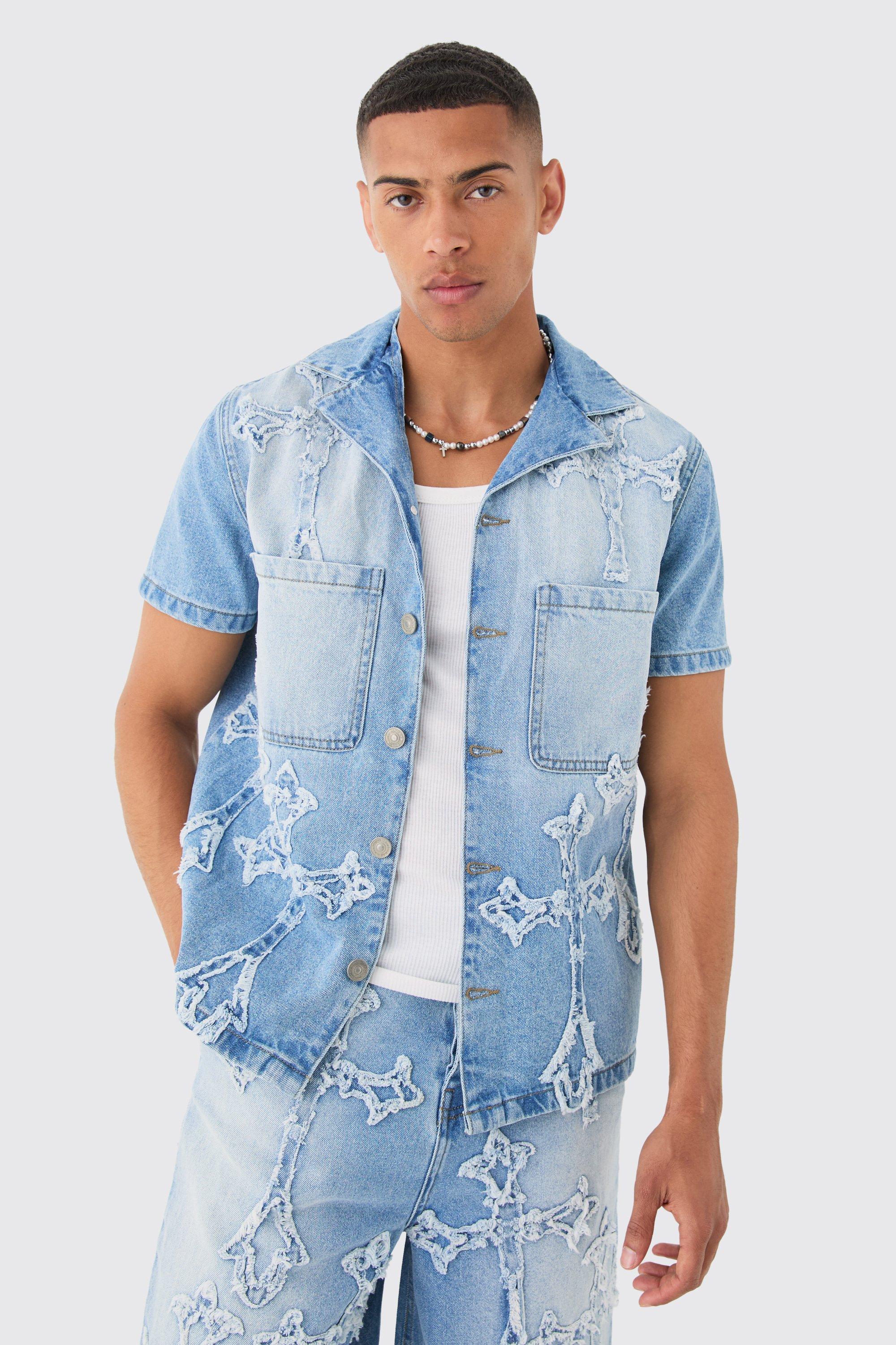 Mens Distressed Cross Applique Denim Revere Shirt In Light Blue, Blue